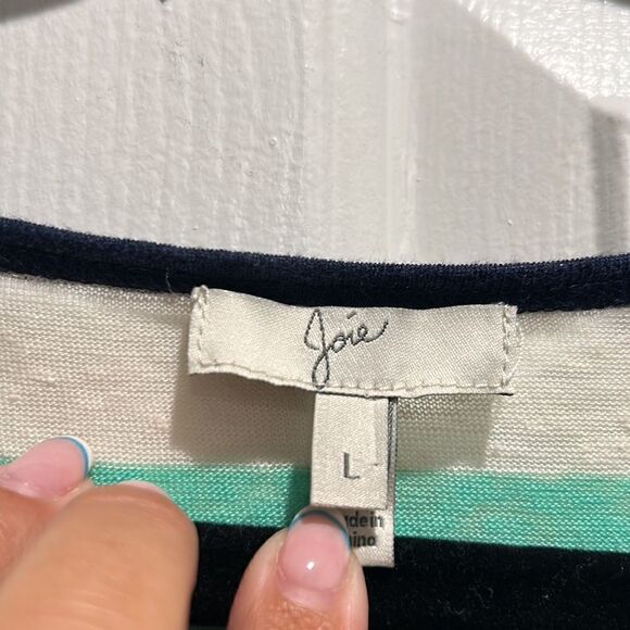 Joie Teal/White lightweight linen striped sweater, Size Large - Picture 4 of 7